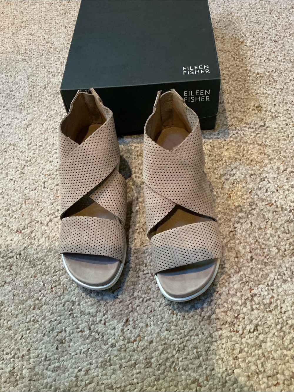 Eileen Fisher New Buck Leather  Taupe  Crisscross Heeled Booties- 7 1/2
